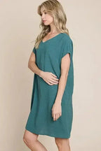 BOMBOM V-Neck Short Sleeve Dress with Pockets