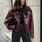 Solid Color Lapel Zipper Jacket Fashion Casual Long Sleeve Leather Coat Tops Women Clothing Pi-Mart