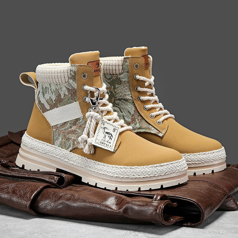 Men's Print Boots Autumn And Winter High-top British Style Comfy Breathable Casual Flat Shoes Outdoor Walking Running Boots Pi-Mart