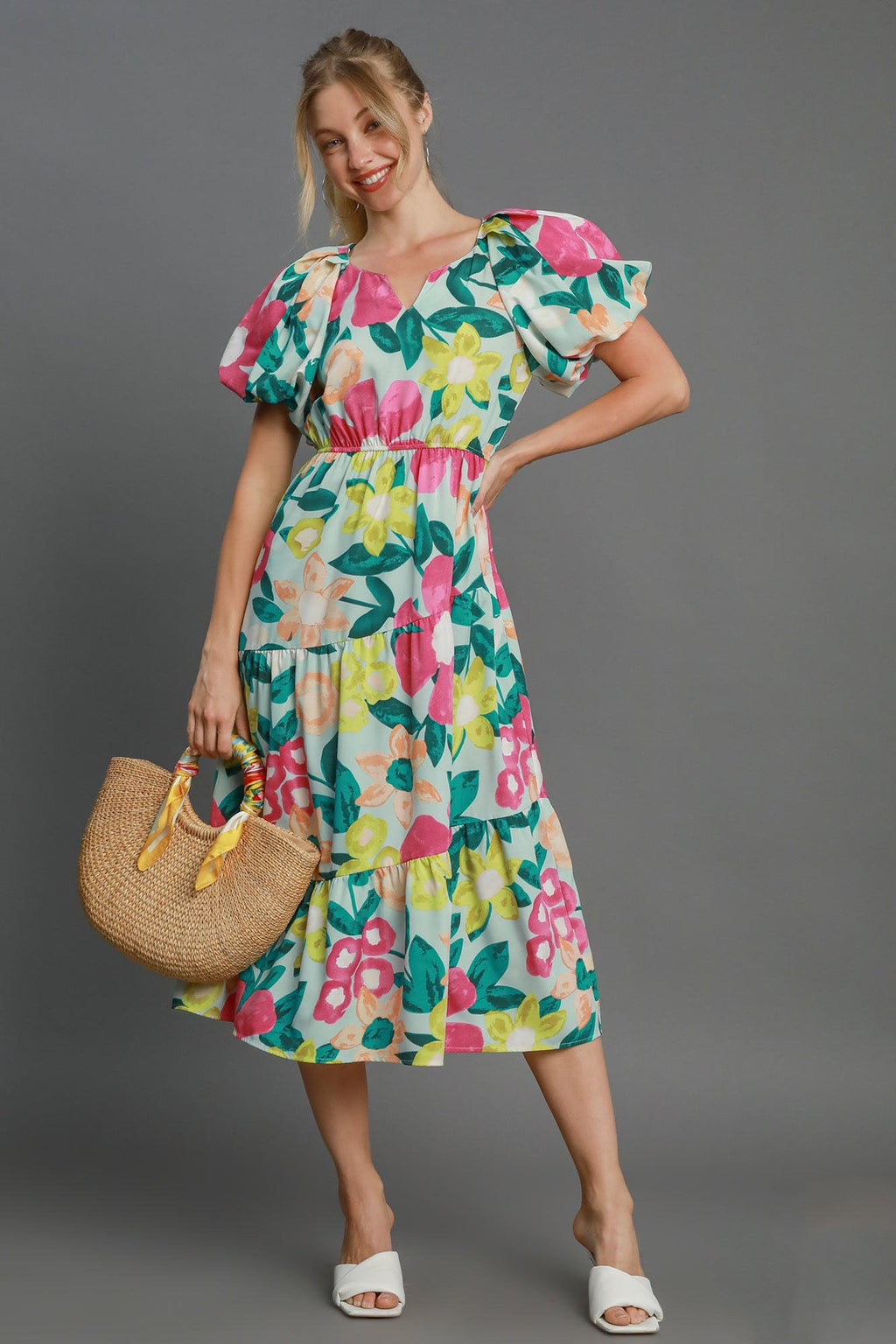 Colorful Full Size Floral Print Puff Sleeve Midi Dress Plus Size Elegant & Feminine Romantic Long Dress Stevvex
