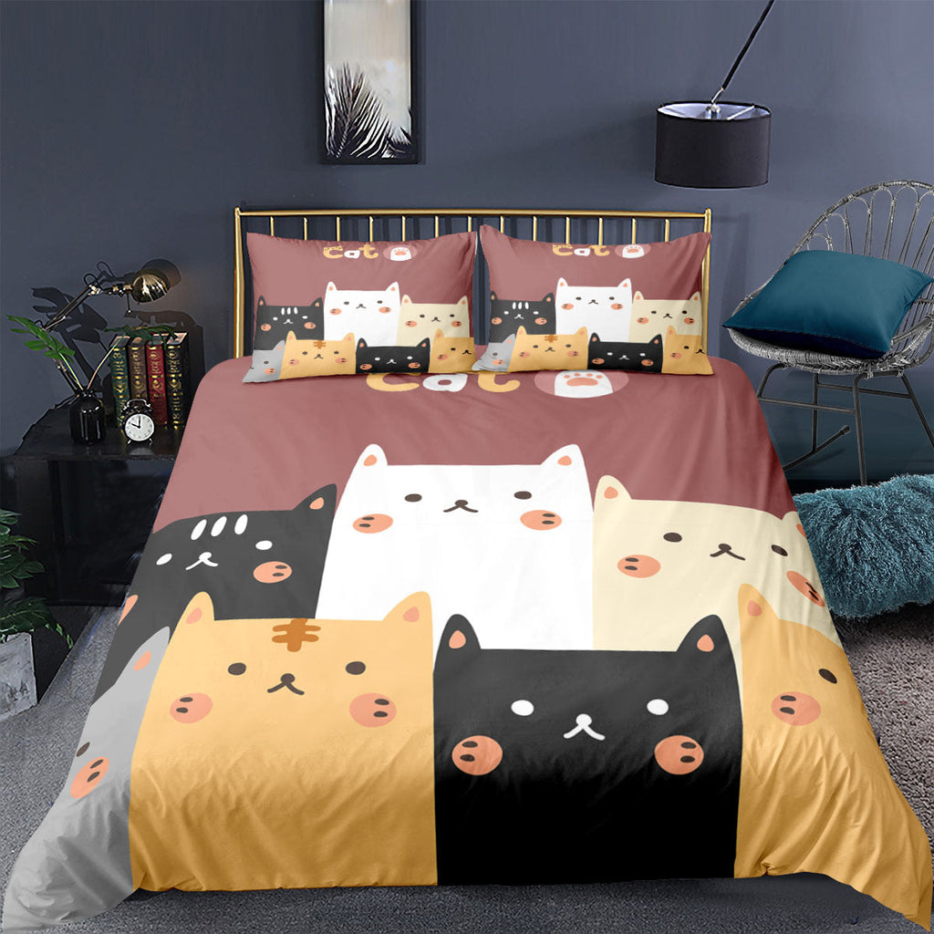 Cartoon Animal Kitten 3D Digital Printing Three-piece Duvet Cover Sheet Set Pi-Mart