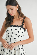 Polka Dot Mini Dress with Ricrac Trim Strap – Fun Polka Dot Pattern, Fluttering, Unique Ricrac Trim Strap, Playful and Stylish Mini Dress, Versatile Summer Dress
