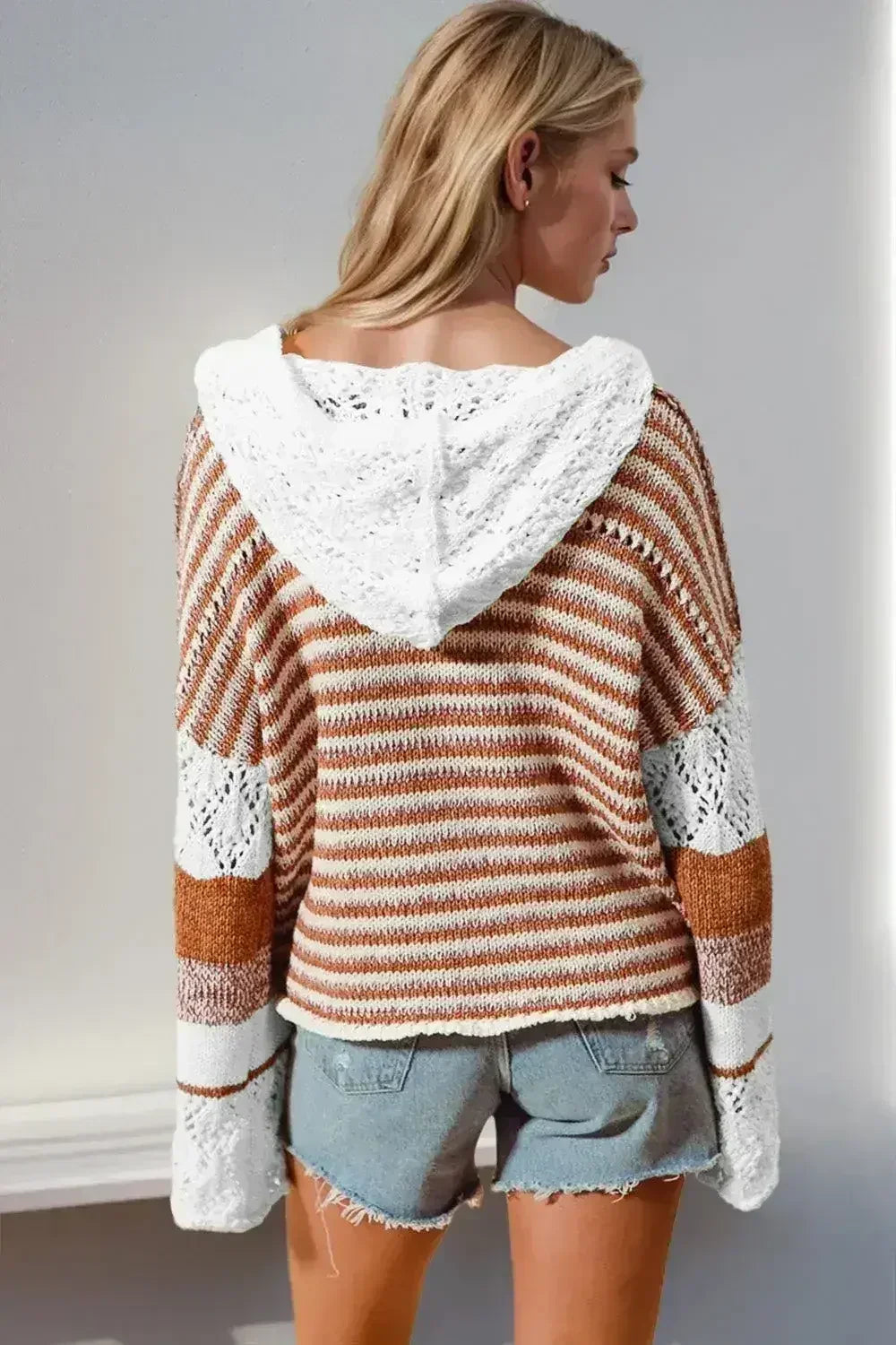 Double Take Full Size Openwork Contrast Long Sleeve Hooded Sweater - SJB-DIAMOND ELITES