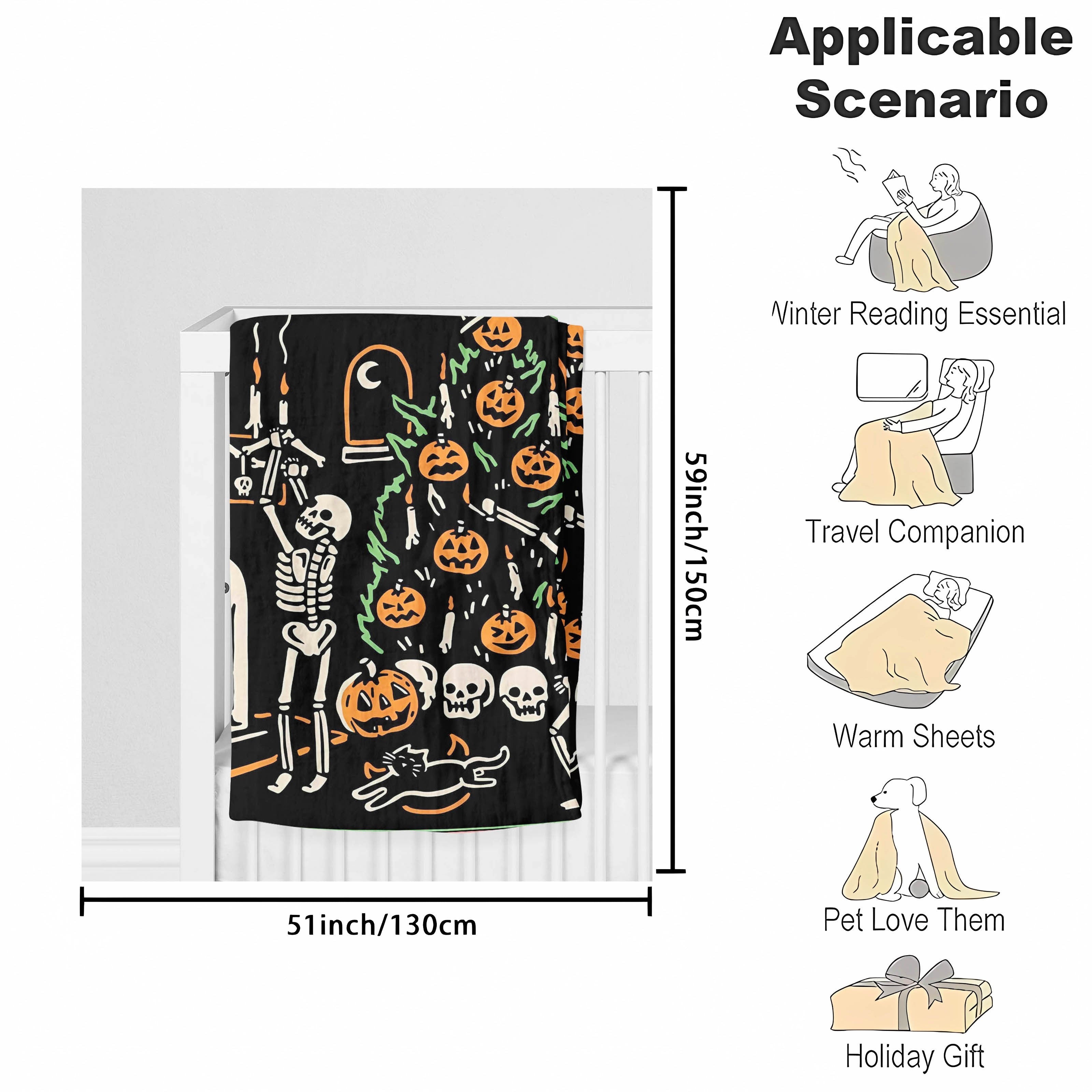1pc Halloween Blanket Pumpkin Skull Throw Blanket Flannel Fleece Blanket For Women, Men, Fuzzy Plush Lightweight Blanket For Bedroom Couch Sofa Black Lootquake LLC