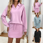 Casual Sport Lapel Long Sleeve Top With Pocket Skirt Set Pi-Mart