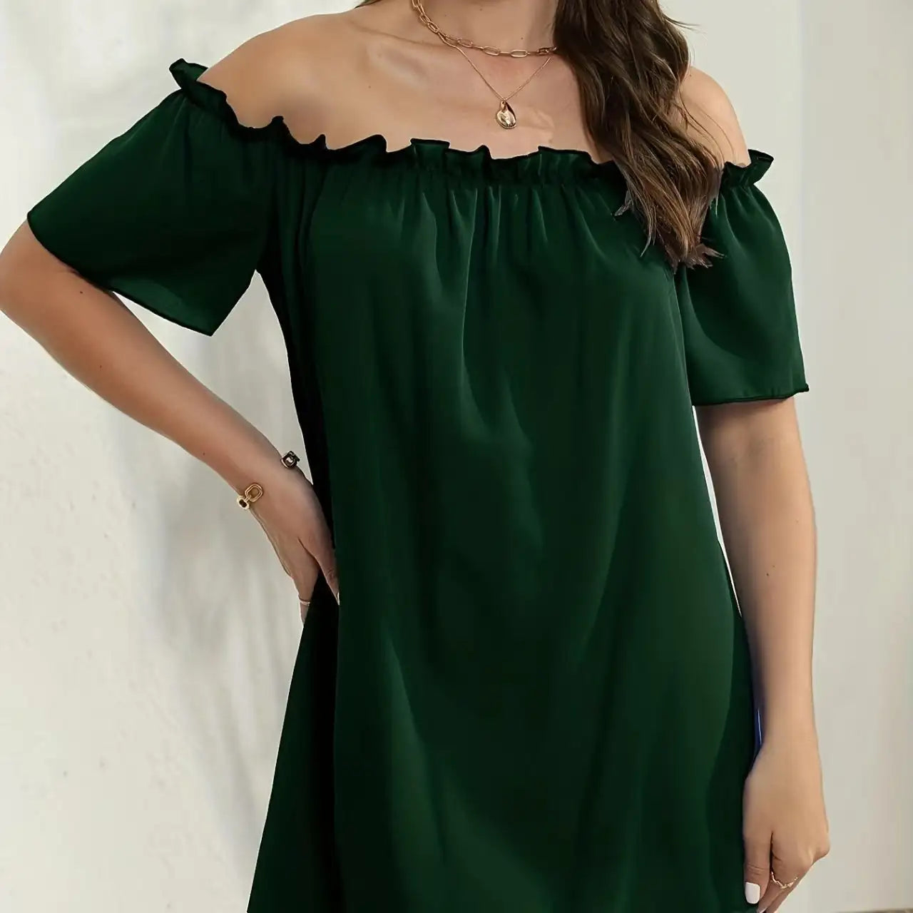 Women's Solid Color Off Shoulder Pleated Decorative Dress, One Shoulder Casual Dress - SJB-DIAMOND ELITES