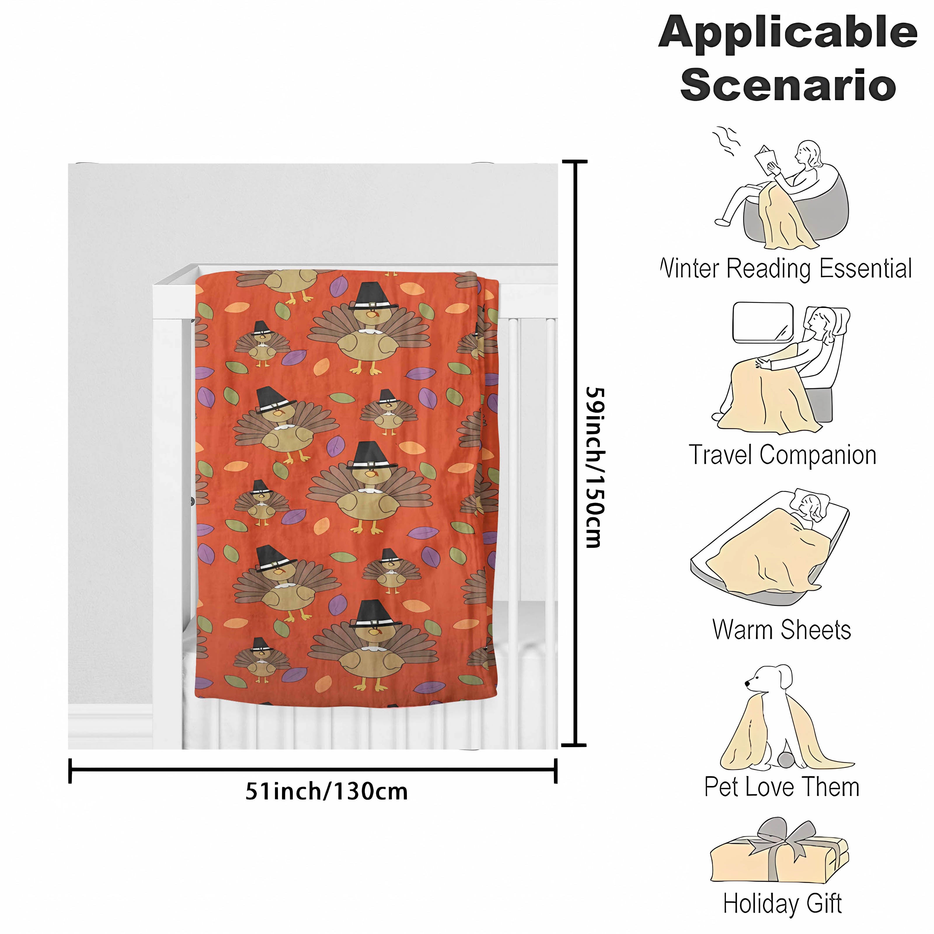 1pc Thanksgiving Turkey Print Flannel Blanket, Soft Warm Throw Blanket Nap Blanket For Couch Sofa Office Bed Camping Travel, Multi-purpose Gift Blanket For All Season Lootquake LLC