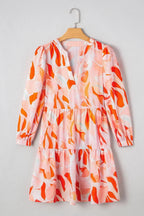 Orange Abstract Print Split Neck Long Sleeve Dress