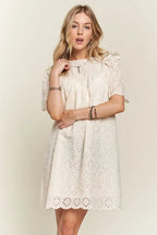 Ruffled Eyelet Round Neck Summer Dress For Women – Elegant Feminine Eyelet Dress with Ruffled Details for Garden Parties & Special Occasions Stevvex