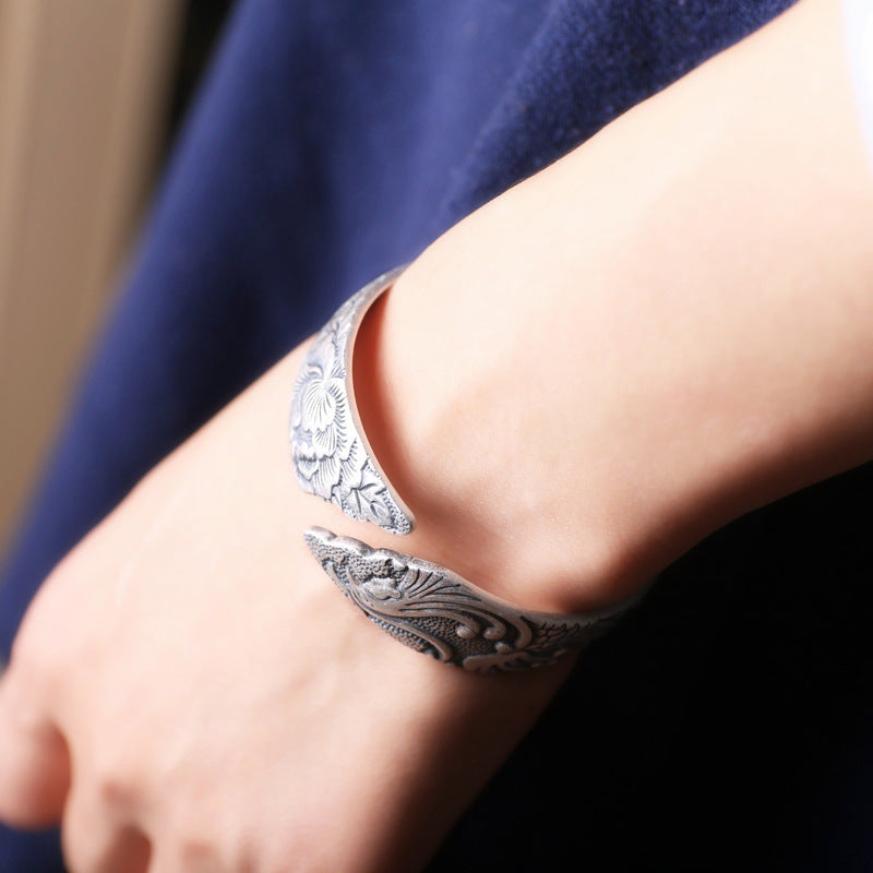S999 Pure Silver Phoenix Peony Wide Side Thai Silver Matte Retro Ethnic Style  Bracelet Women Pi-Mart