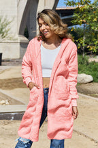 Red Double Take Full Size Hooded Teddy Bear Jacket with Thumbholes Ultra-Cozy & Stylish Comfortable Outerwear