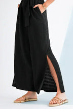 Black Checkered Mesh One Shoulder Short Sleeve Knotted Waist Jumpsuit