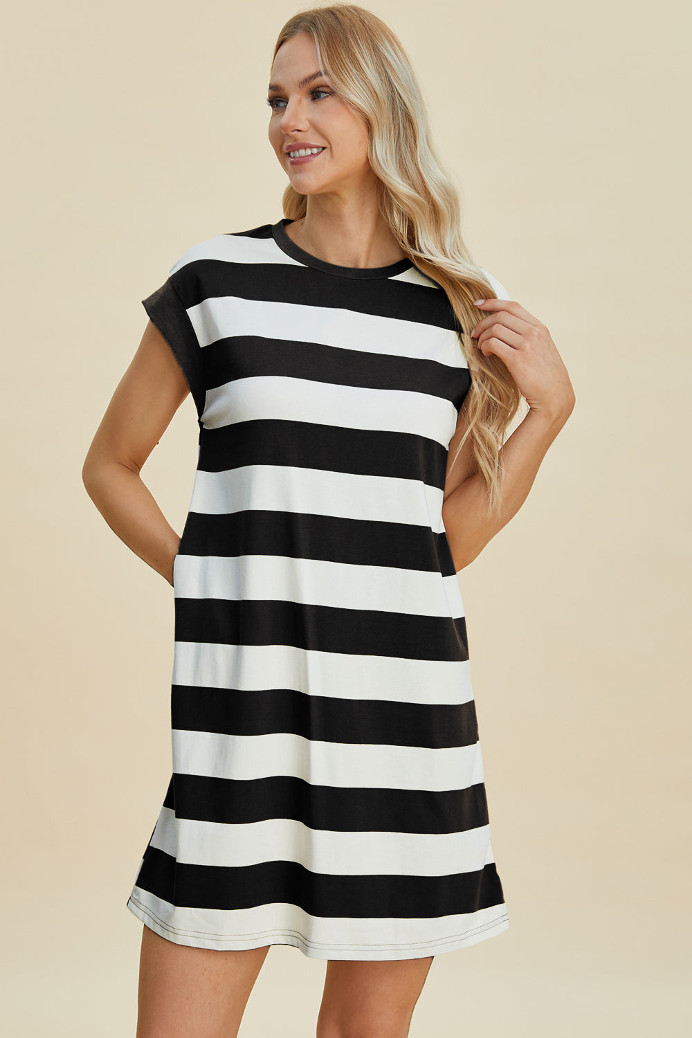 Full Size Striped Round Neck Cap Sleeve Mini Dress For Women – Striped Mini Dress, Full-Size Round Neck Dress, Comfortable Cap Sleeve Dress, Chic Striped Dress, Flattering Mini Dress, Casual Everyday Dress, Versatile Striped Dress Stevvex