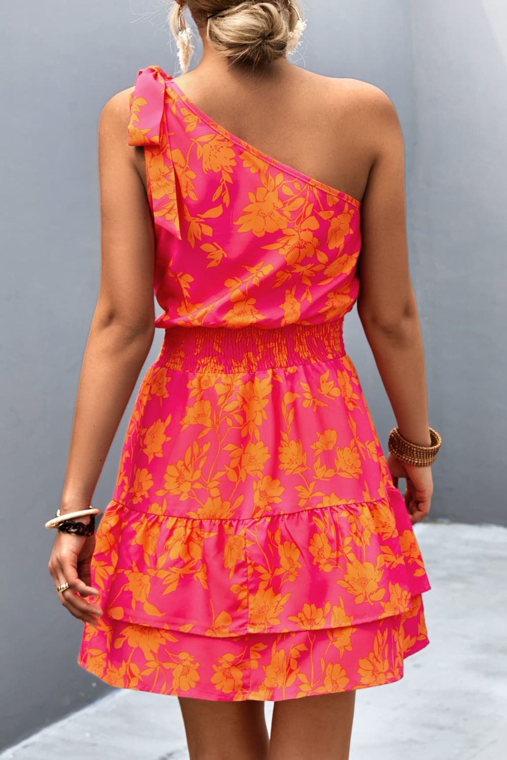 Pink Smocked Printed Single Shoulder Dress Feminine & Flattering Summer Style Dresses Stevvex