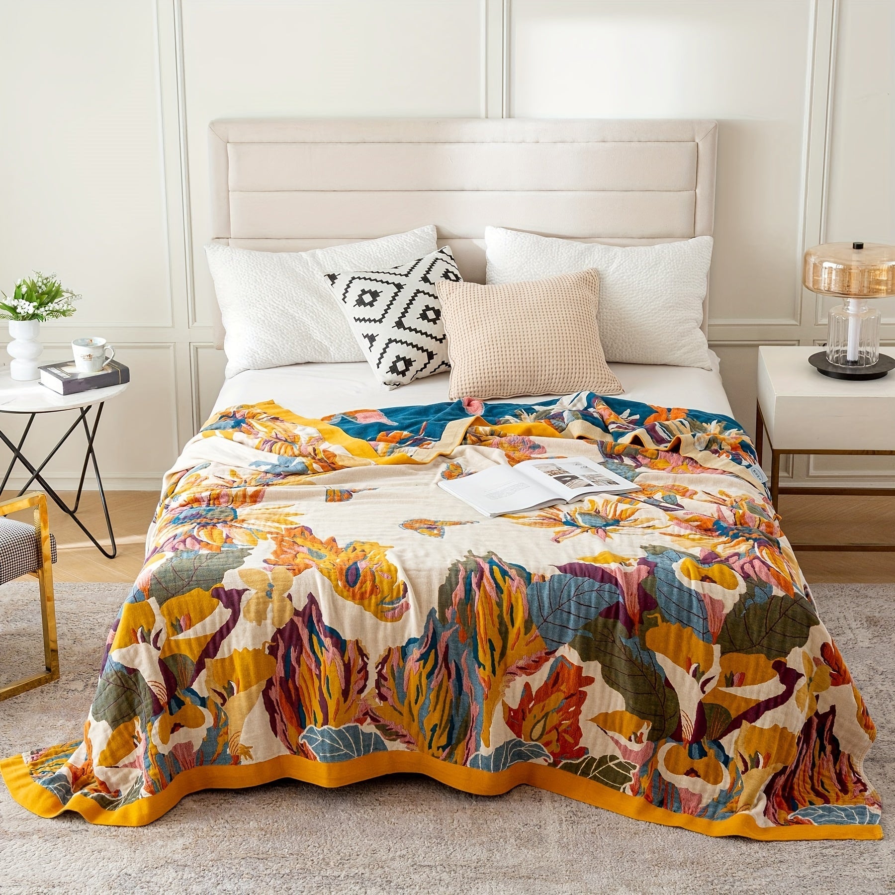 1pc Boho Throw Blanket, 100% Cotton Ultra Soft Bed Throw- Floral Bird And Butterfly Farmhouse Decor Bed Blankets, 60"×80" All Season Blanket For Sofa Couch Chair Lootquake LLC