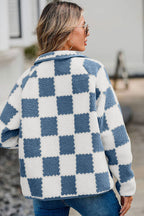 Elegant Checkered Snap Down Long Sleeve Teddy Jacket Soft & Warm Colorful Jacket Stevvex
