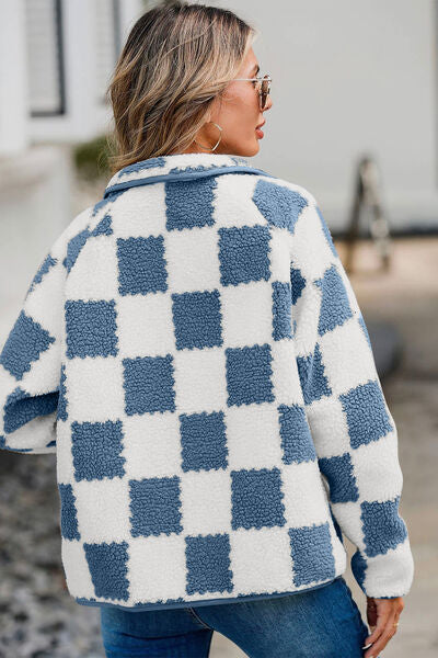 Elegant Checkered Snap Down Long Sleeve Teddy Jacket Soft & Warm Colorful Jacket Stevvex
