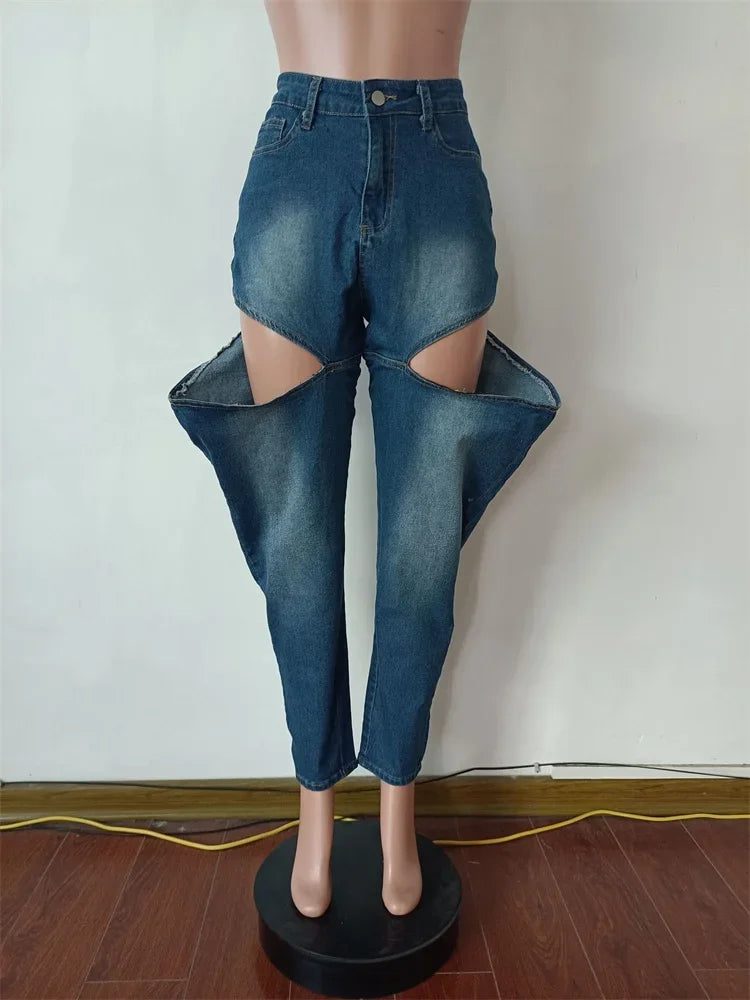 Hollow Elastic Women Demin Jeans High Waist Pockets Causal Vintage Bottoms Female Fashion Y2K Streetwear Clothing Purplish Diva