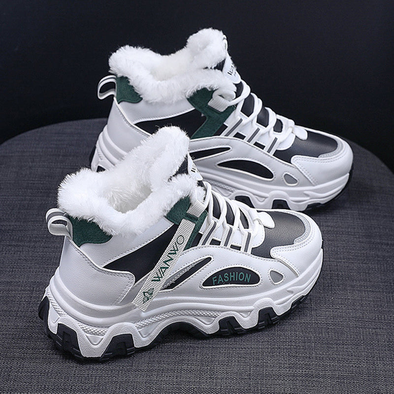 Fashion Black White Lace-up Sneakers Winter Warm All-match Plush Shoes Women Plus Velvet Fleece Flat High-top Sports Shoes Pi-Mart