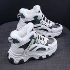 Fashion Black White Lace-up Sneakers Winter Warm All-match Plush Shoes Women Plus Velvet Fleece Flat High-top Sports Shoes Pi-Mart