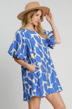 Blue Two Tone Abstract Print Puff Sleeve Dress Trendy Modern Print Dress for Women Summer Dress