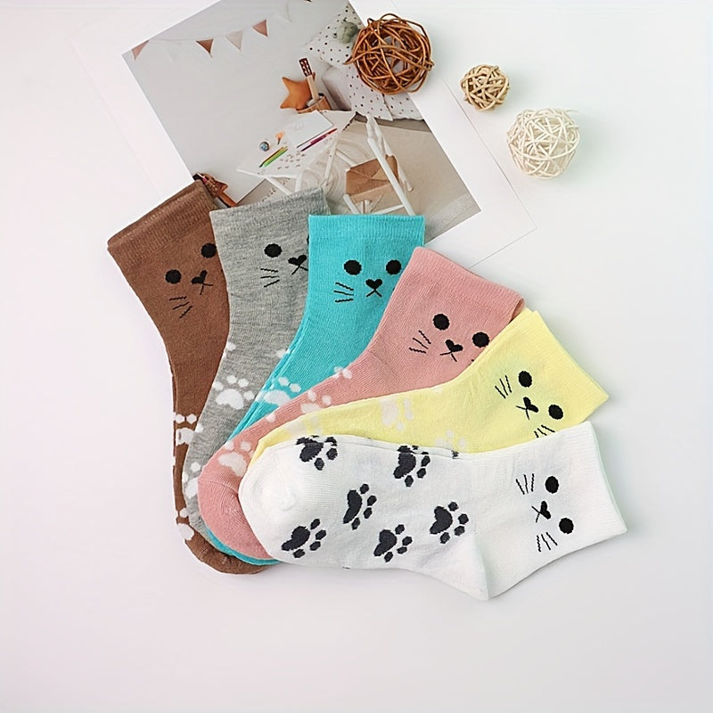 6pcs Cute Cartoon Cat & Paw Print Mid-Calf Socks for Women - Soft Polyester Blend, Machine Washable, Short Socks Lootquake LLC
