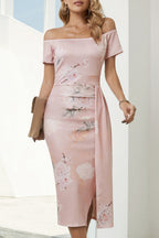 Charming Printed Off-Shoulder Midi Dress with Slit Classy & Feminine Look