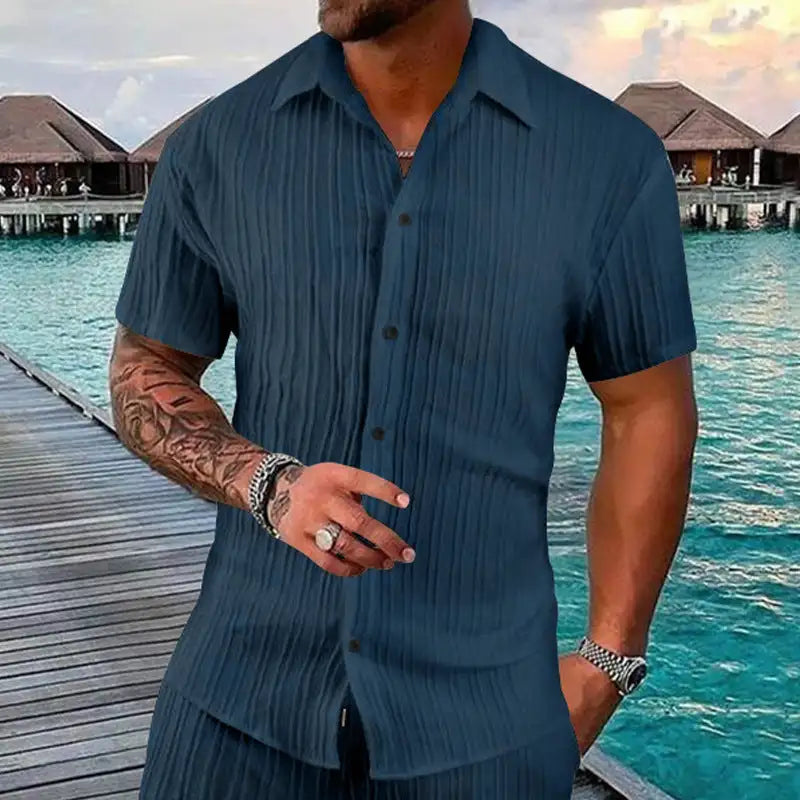 Polo Collar Solid Color Short Sleeve Button Men's Casual Loose Short Sleeves Shirt