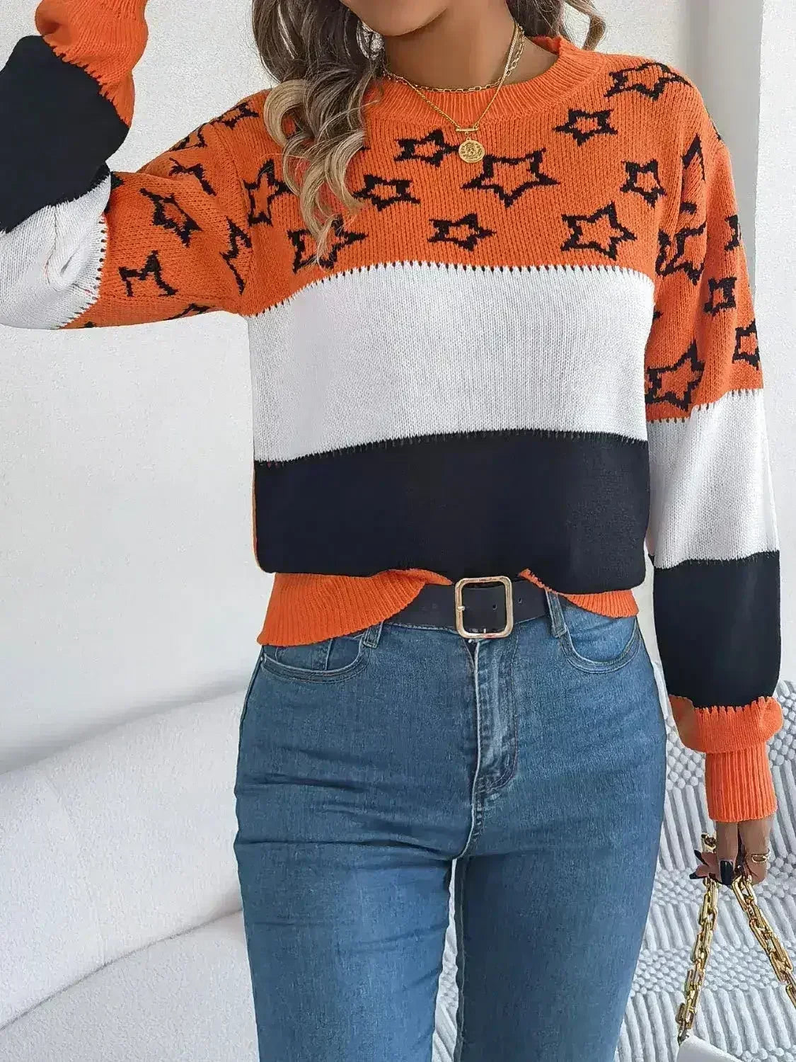 Star Contrast Round Neck Sweater - SJB-DIAMOND ELITES