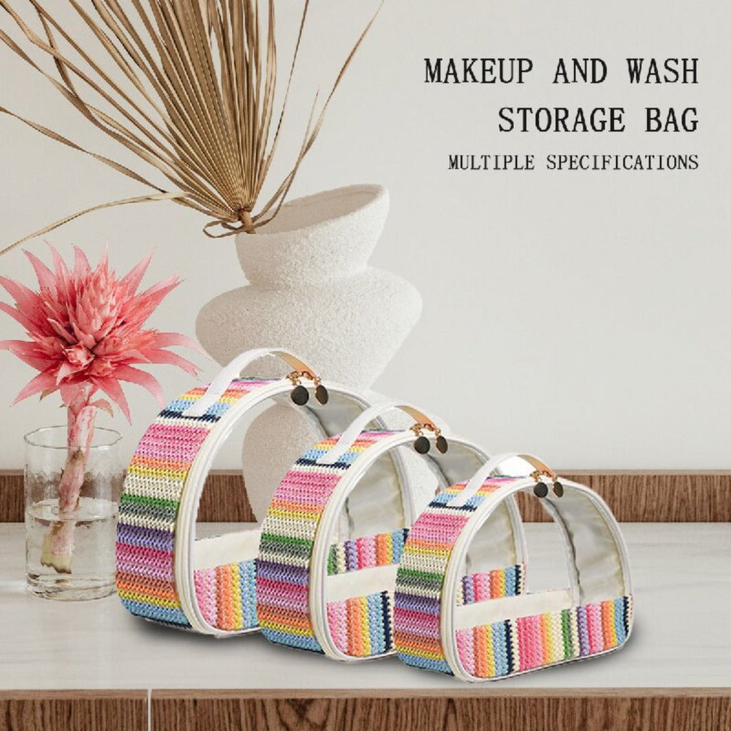 Straw transparent PVC semicircular cosmetic bag, waterproof woven toiletries bag, travel storage bag, makeup bags small,Transparent Cosmetic Bag, - SJB-DIAMOND ELITES