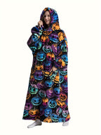 Plus Size Pumpkin Print Flannel Blanket Hoodie - Soft, Cozy, Plush, Hooded, Winter Outwear for Women with Halloween Theme Lootquake LLC
