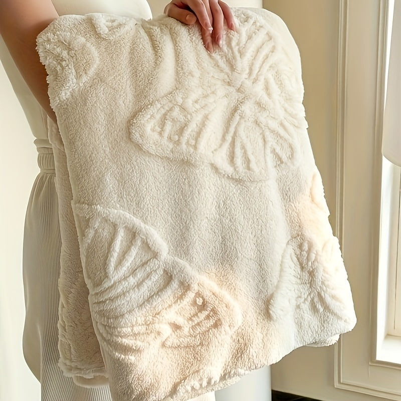 Cozy Taffeta Jacquard Butterfly Flannel Throw Blanket, Soft Polyester, Double-Sided Velvet, All-Season Comfort, Ideal For Office Naps & Bedding - White With Green Accents