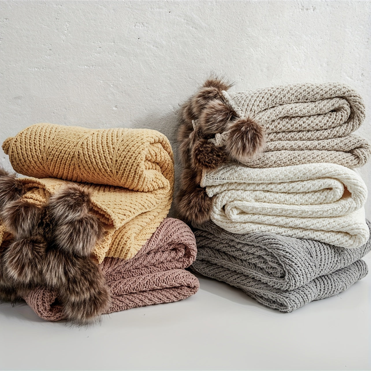 Vintage Chunky Knit Throw Blanket with Pom-pom Embellishment, Space Theme, All Seasons Polyester Cover, Knitted Casual Office Living Room Bedroom Nap Sofa Bed End Blanket 1PC Lootquake LLC