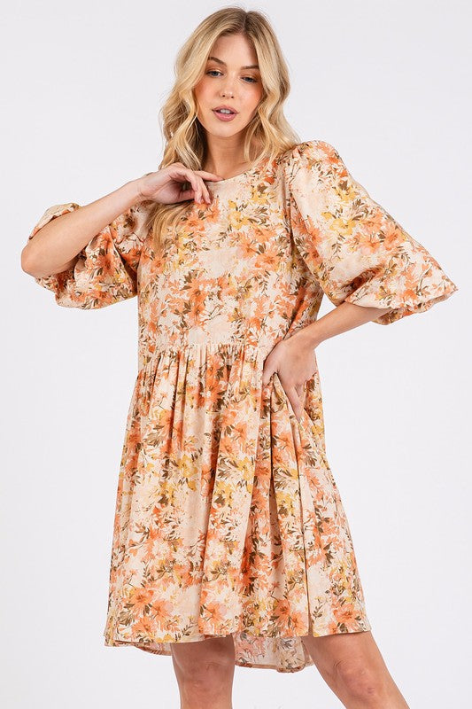 New Summer Flower Print Linen Blend Babydoll Mini Dress – Lightweight Floral Babydoll Dress with Relaxed Fit and Gathered Waist Stevvex