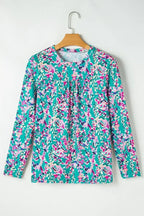 Green Floral Pleated Blouse - Relaxed Long Sleeve Top | Femstylo