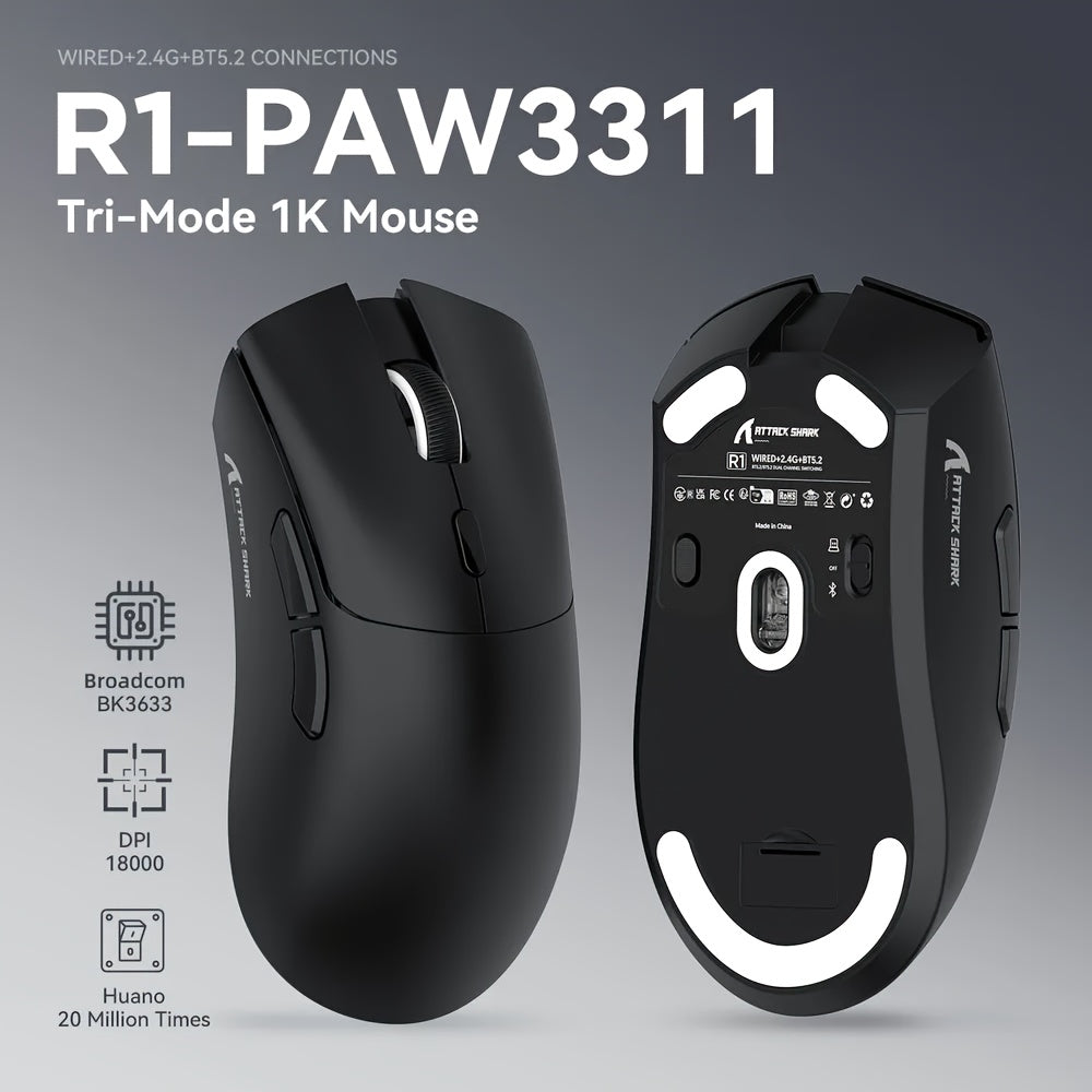 ATTACK SHARK R1 PRO 59g SUPERLIGHT Mouse, PixArt PAW3311 Gaming Sensor, BT/2.4G Wireless/Wired Gaming Mouse, 6 Adjustable Up To 18000, 65 Hrs Battery, Office Mice For Win11/Xbox/PS/Mac (()Black ) Lootquake LLC