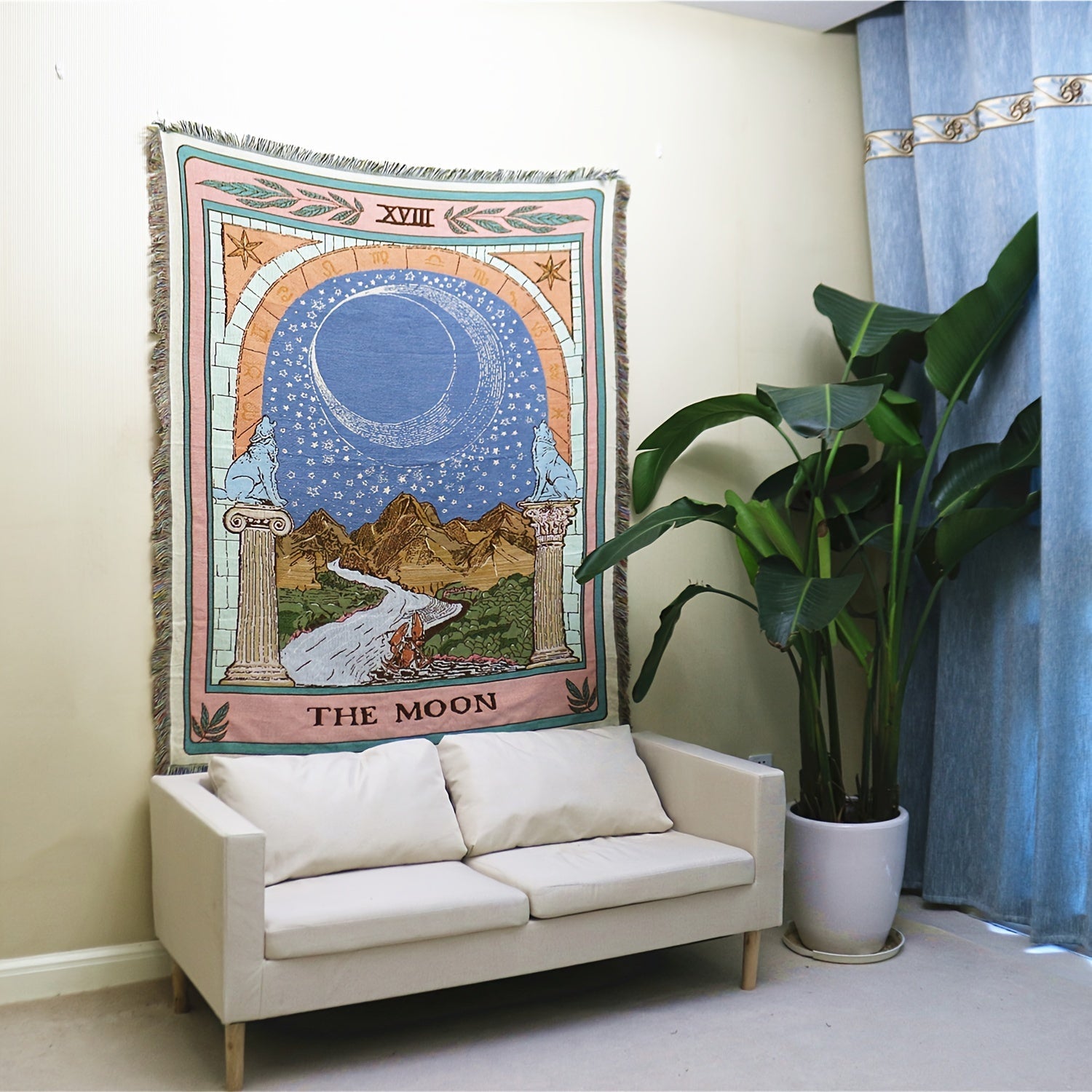 1pc Bohemian Knitted Tassel Blanket - Polyester Blend, Machine Washable, Square, Stain Resistant, Lightweight, Versatile for Indoor, Outdoor, Camping - The Moon Design Rug Lootquake LLC