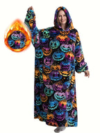 Plus Size Pumpkin Print Flannel Blanket Hoodie - Soft, Cozy, Plush, Hooded, Winter Outwear for Women with Halloween Theme Lootquake LLC