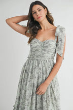 Floral Bust Ruched Midi Dress with Shoulder Tie For Women – Ruched Midi Dress For Summer, Floral Bust Dress, Shoulder Tie Dress, Feminine Midi Dress, Chic Event Dress