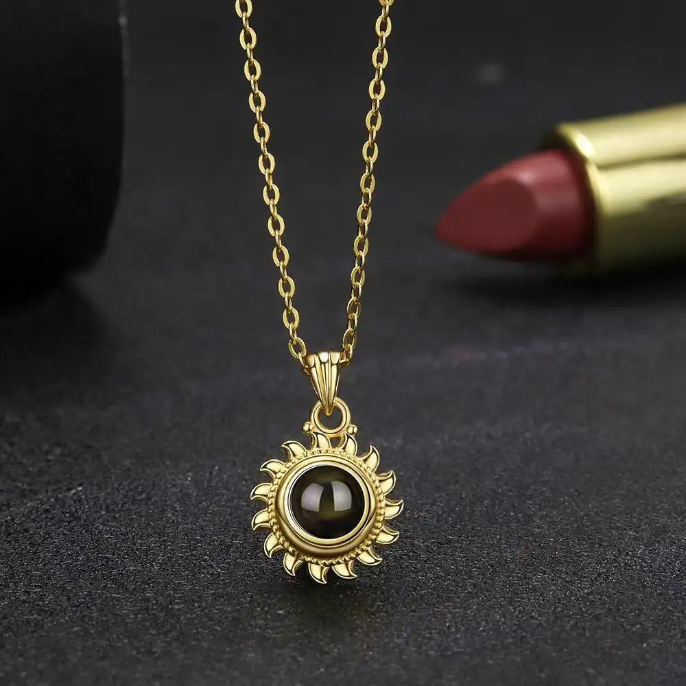 Female Sunflower Photo Projection 925 Pure Silver Necklace