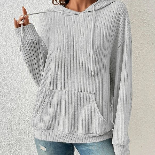 Fashion Drawstring Long-sleeved Hooded Sweatshirt With Pockets Solid Sunken Stripe Hoodie Knitwear Womens Clothing Pi-Mart