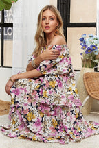Layered Floral Off-Shoulder Short Sleeve Maxi Dress – Elegant Off-Shoulder Maxi Dress with Layered Floral Pattern for a Romantic Look