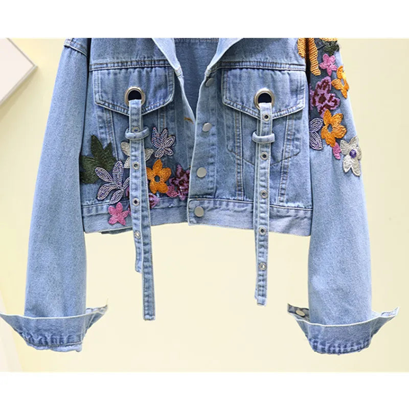 Autumn Denim Jacket Women Flowers Embroidery Sequins Jeans Coat Loose Long Sleeve Casual Student Short Clothes Streetwear H302 Purplish Diva