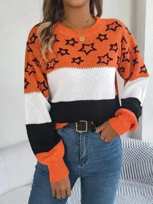Star Contrast Round Neck Sweater - SJB-DIAMOND ELITES
