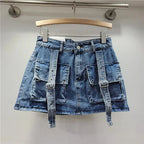 Retro Pink Large Pocket Denim Suit Spring Summer Sleeveless Short Vest High Waist Hip Wrapped Skirt 2 Pieces Sets Women Outfits Purplish Diva