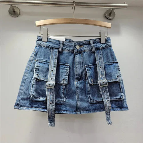 Retro Pink Large Pocket Denim Suit Spring Summer Sleeveless Short Vest High Waist Hip Wrapped Skirt 2 Pieces Sets Women Outfits Purplish Diva