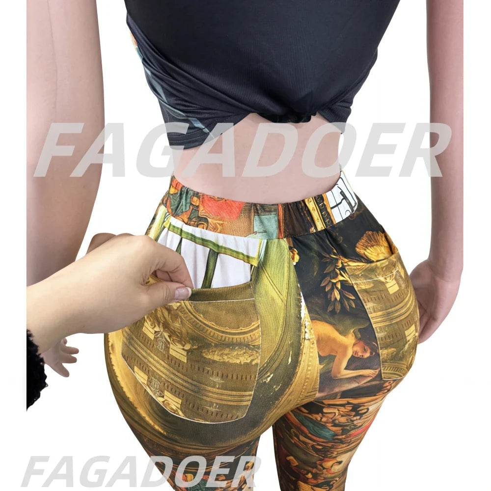 FAGADOER Fashion Print 2 Piece Sets Woman Outfit Oil Painting Sleeveless Crop Top And Pants Female Streetwear Summer Spring New Purplish Diva
