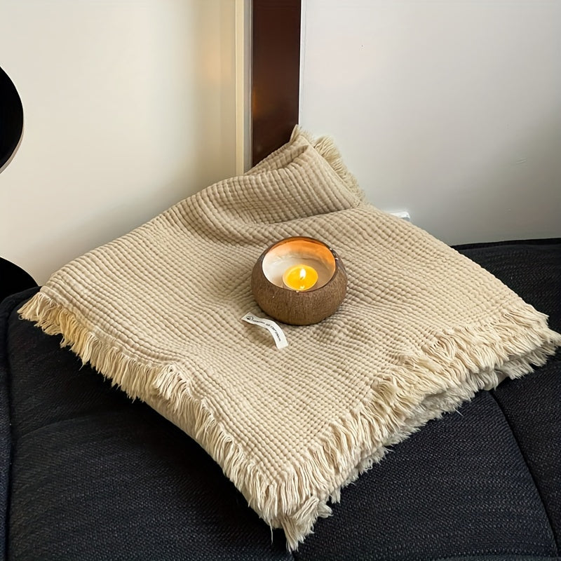 1pc Cotton Crinkle Tassel Blanket Solid Color Nap Blanket Leisure Travel Sofa Bed Blanket