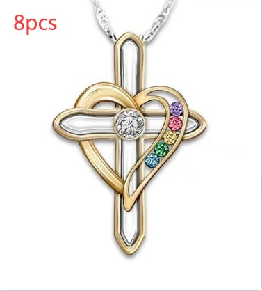 Cross Love Colorful Imitatio Gemstone Pendant Alloy Clavicle Chain Pi-Mart