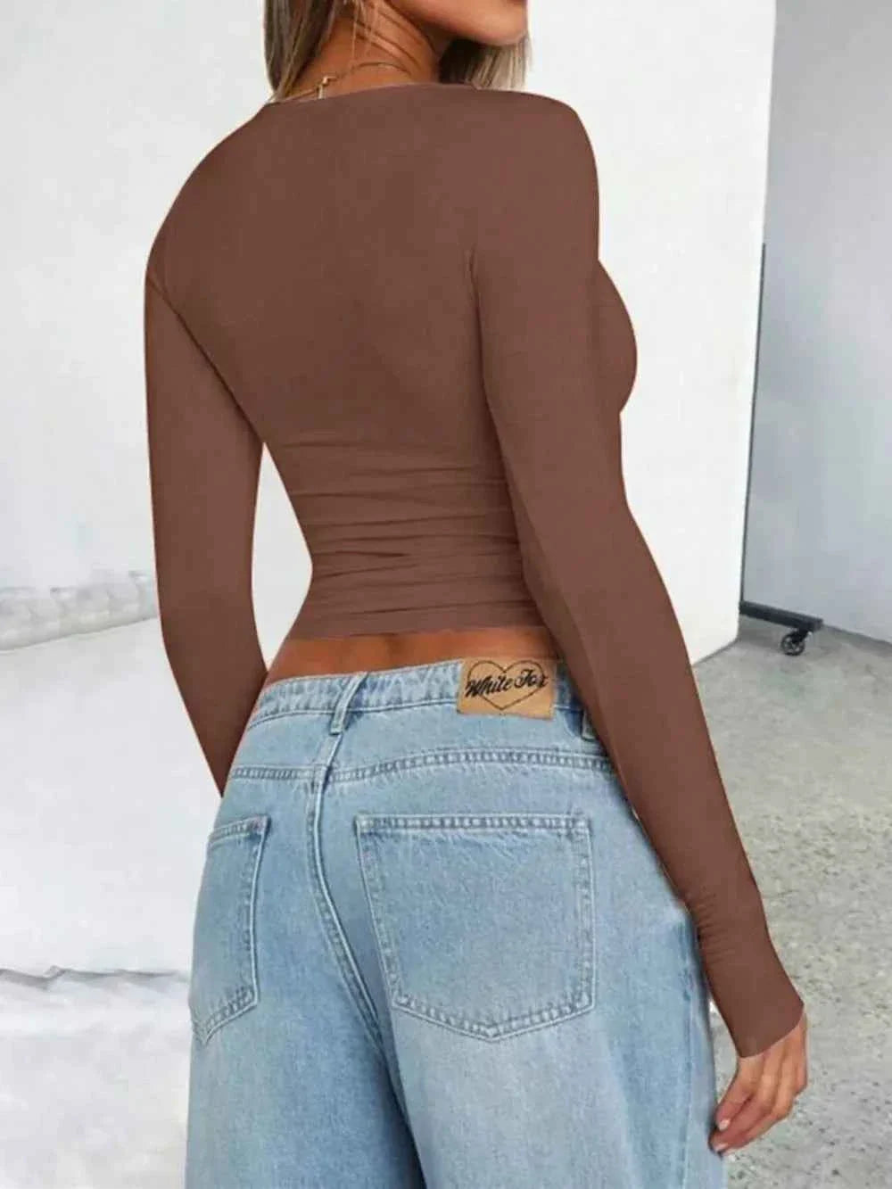 Solid Color Round Neck Long Sleeve T-Shirt THRIXINE